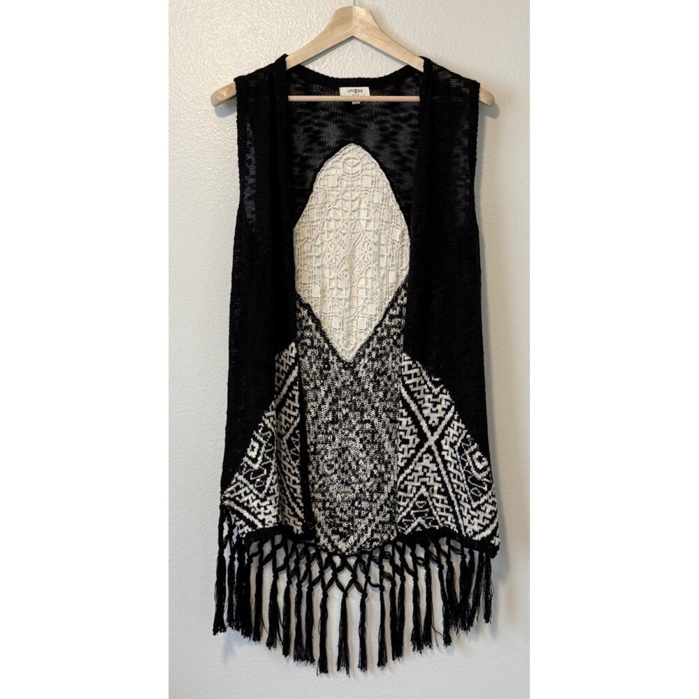 Umgee Sweater Cardigan Crochet Lace Back Fringe Black Cream Size Large Boho